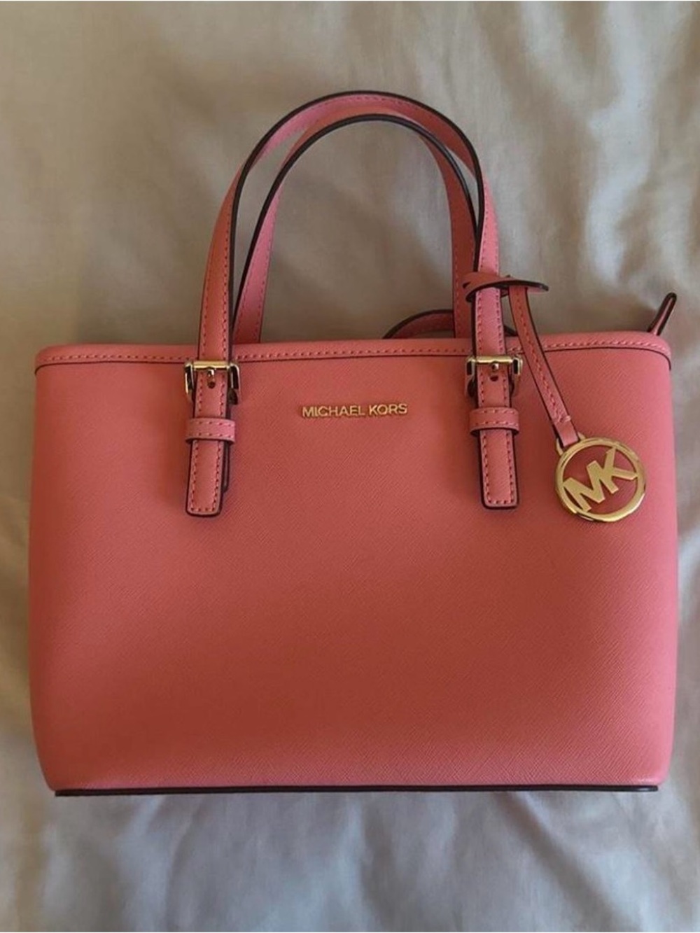 Michael Kors Coral Pink Saffiano Satchel with Gold Charm